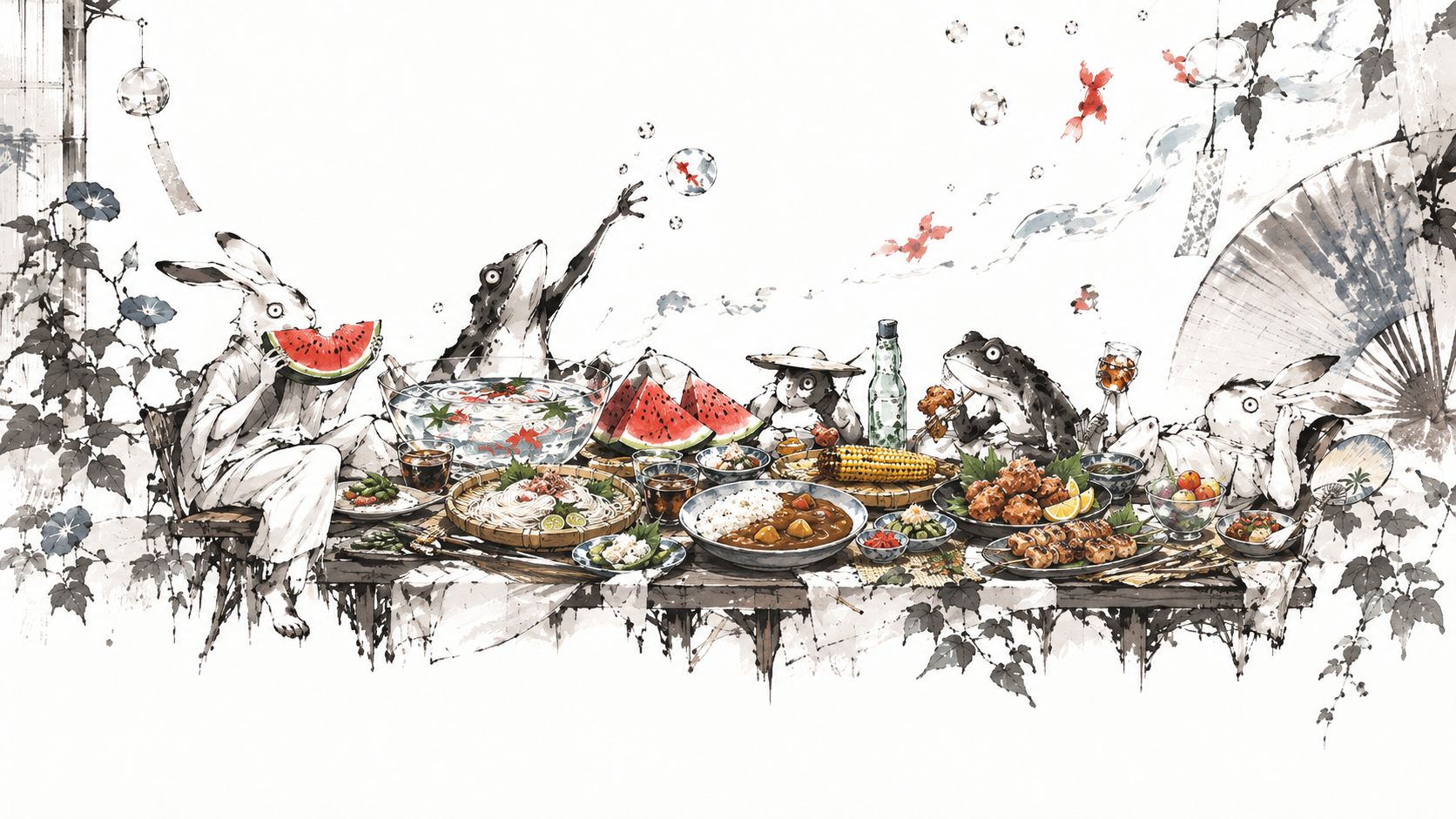 夏の食卓を囲む動物たちのイラスト